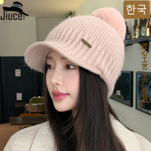 冬季新款兔毛鸭舌棒球帽女韩国高级感加绒毛球毛线帽高品质针织帽