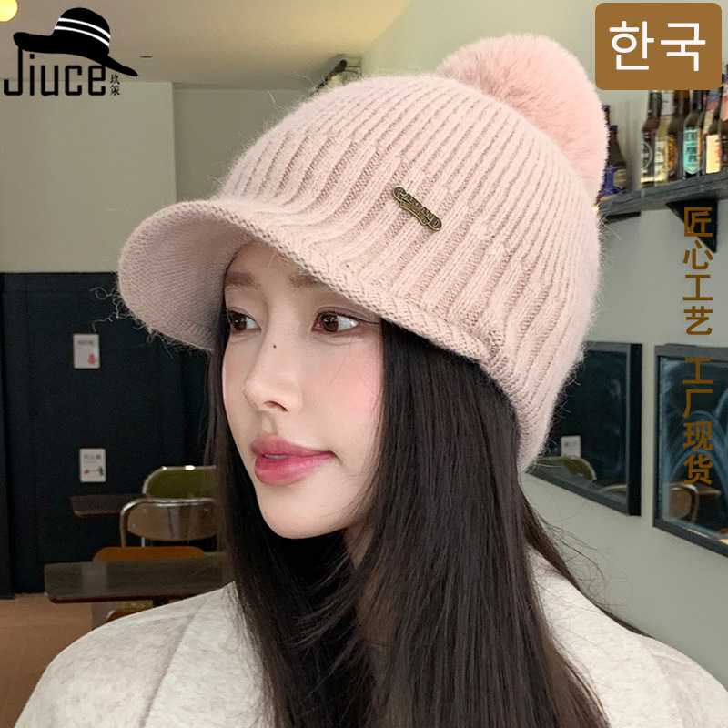 冬季新款兔毛鸭舌棒球帽女韩国高级感加绒毛球毛线帽高品质针织帽