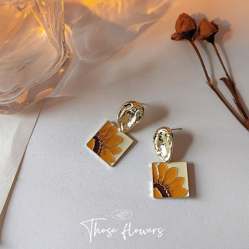 [Art Country] Sunflower Photo 925 Silver Needle Plated 14K Design Creative Beautiful Earrings Women's Earrings Earrings
