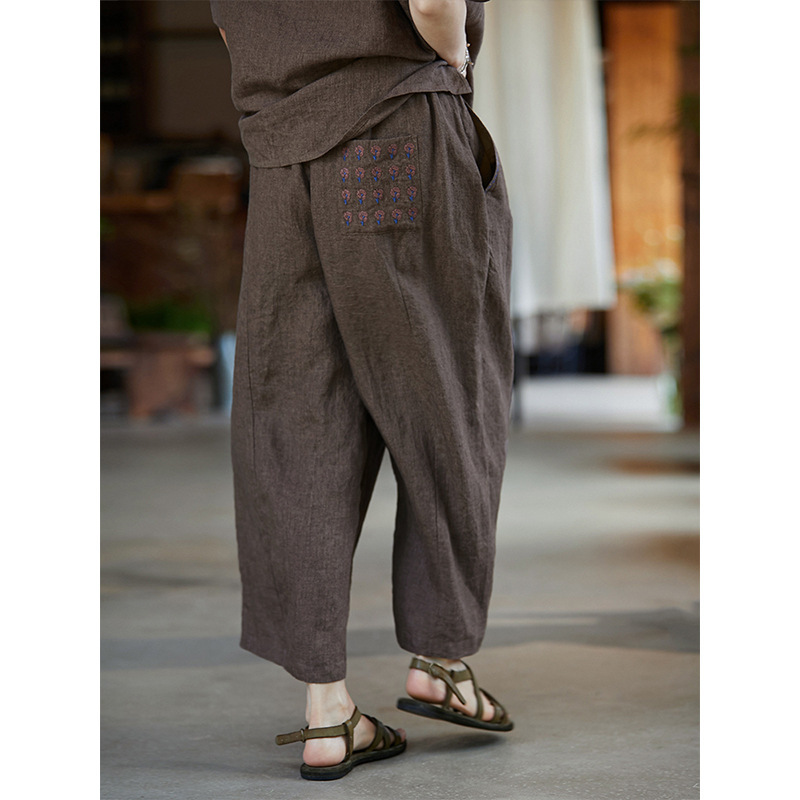 Summer Retro Literary Original Women's Tea Brown Linen Elastic Waist Loose Slimming Nine-Point Shilin Dyed Carrot Pants