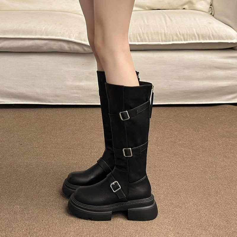 Botas de tubo largo con suela que aumenta la altura de color marrón pequeño, nuevas botas de caballero de pierna gruesa Maillard para mujer otoño e invierno 2024_voghion.com