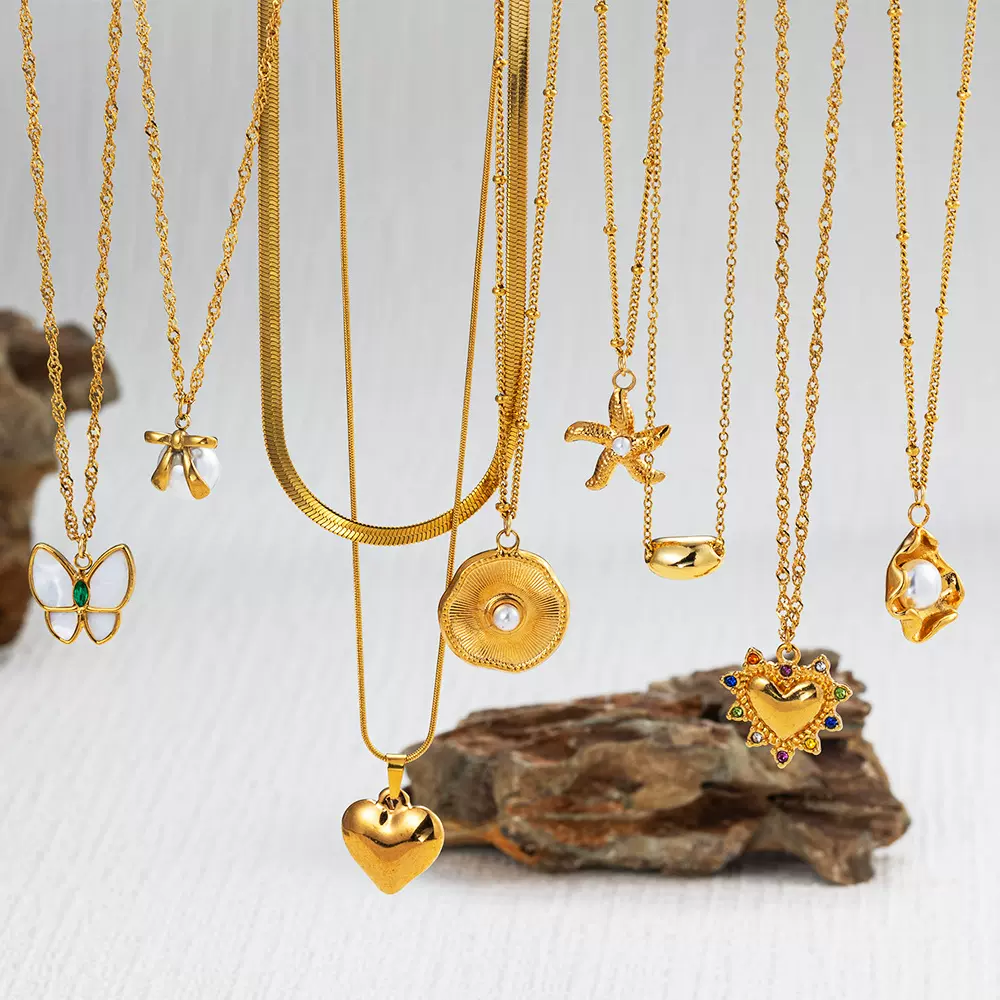 跨境欧美热销仿珍珠贝壳吊坠项链温柔淑女锁骨链不锈钢真金叠戴项