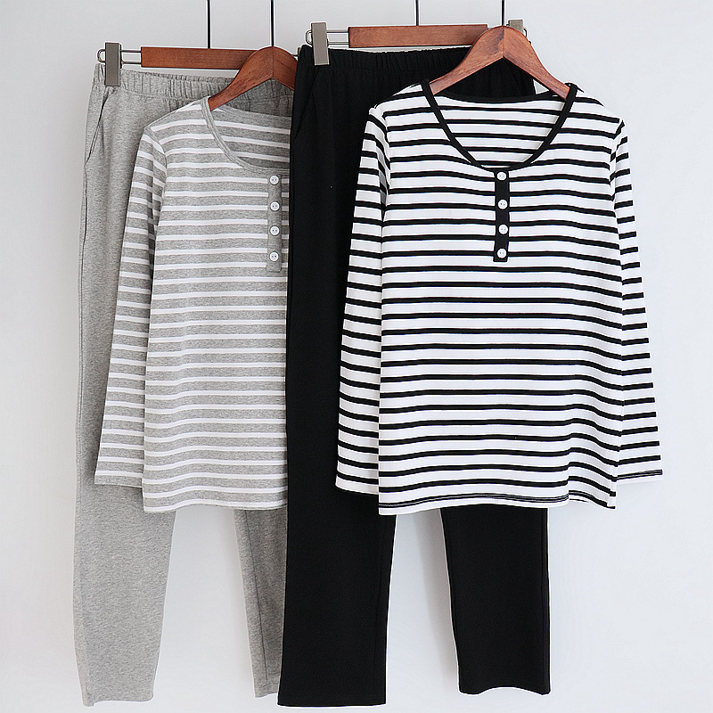 Spring and Autumn Cotton Pajamas Women's Home Clothes with Chest Pad Long-sleeved Trousers Bra Bra Pullover Striped Elastic