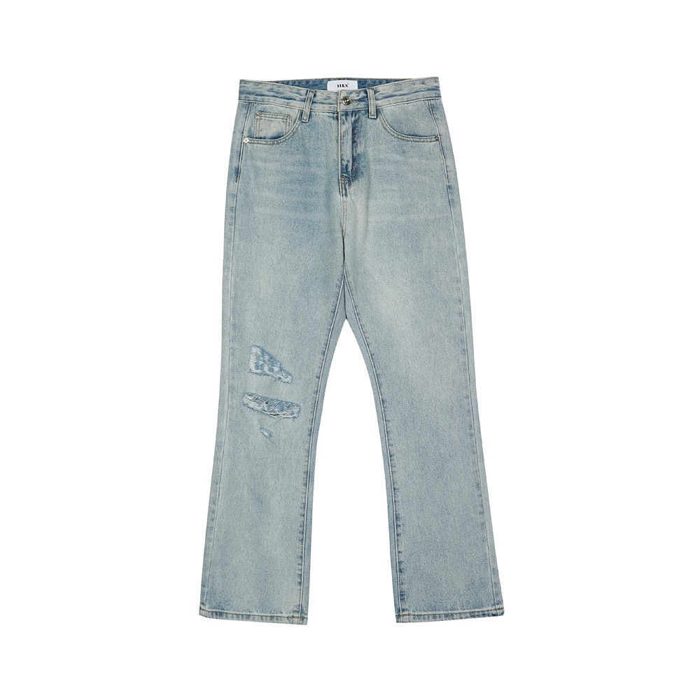 纯色破洞水洗做旧牛仔裤男士美式潮牌宽松直筒裤潮流休闲微喇叭裤