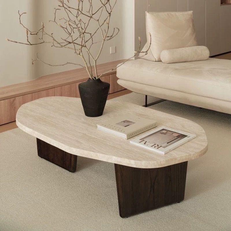 Wabi-Sabi Style Minimalist Solid Wood Travertine Coffee Table Small Tea Table for Small Apartments Living Room Home Use Irregular-Shaped Balcony Trendy Coffee Table