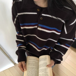 韩系复古拼色条纹毛衣2025新款秋冬毛衣套头polo领针织打底衫女装