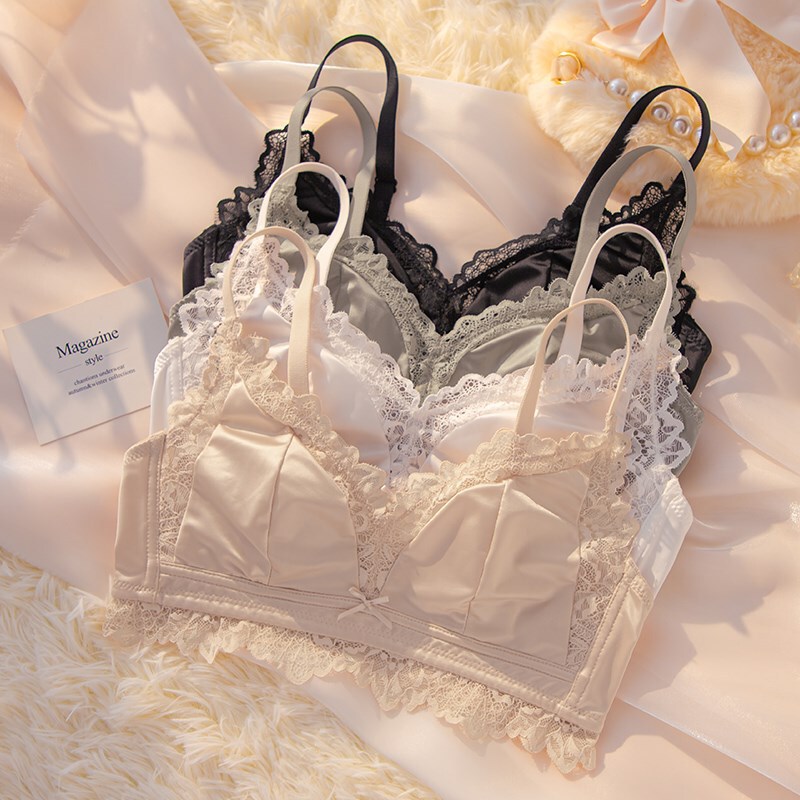 6076 High-end Satin Gloss Crystal Cup French Lace Thin Large Size 42 Size Adjustable Bra