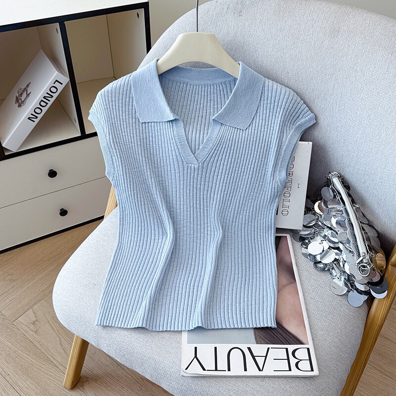 2026 Summer New Design Ribbed Tencel Linen Versatile Polo Collar T-Shirt Tencel Knit Top for Women 2026 Summer New Design Ribbed Tencel Linen Versatile Polo Collar T-Shirt Tencel Knit Top for Women