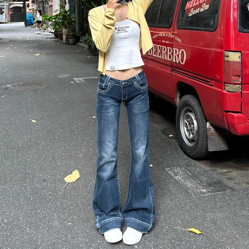 Low-Waist Denim Flared Pants for Women, Slim-Fit Bootcut Jeans, Straight-Leg American-Style Slimming Pants for Women