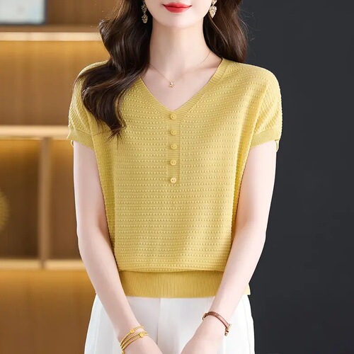 【Instant Stock Release】Summer New Solid Color Lyocell Tencel V-Neck T-Shirt for Women, Stylish Loose and Slim-Fitting Knit Short