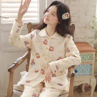 秋冬季女士长款翻领棉甜美加厚三层夹棉长袖可外穿家居服套装69