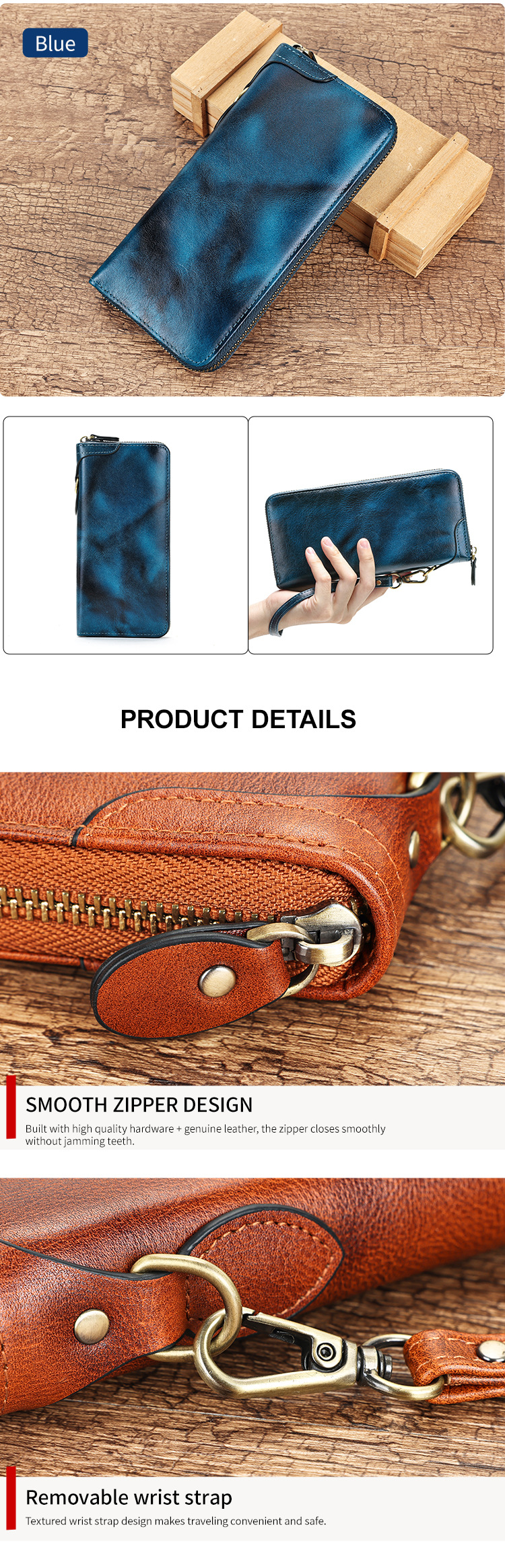 Ví da bò dài cổ điển nhiều ngăn thẻ chống từ RFID — màu đỏ, màu xanh, màu xanh lá cây, nâu chi tiết 8