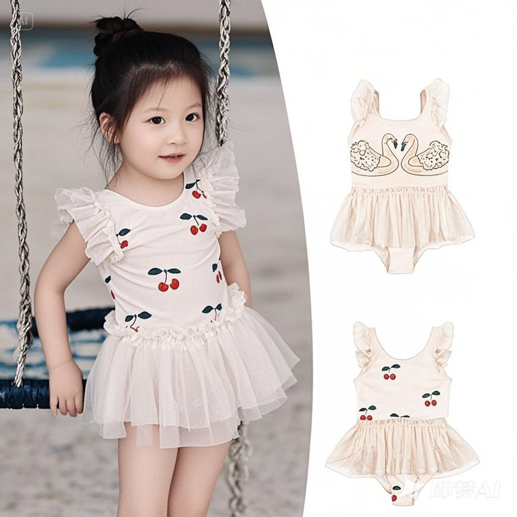2025 Girls One-Piece Swimsuit Small Fresh Swimsuit Summer New Cherry Swan Sunscreen Quick-Drying Girl Baby Swimming