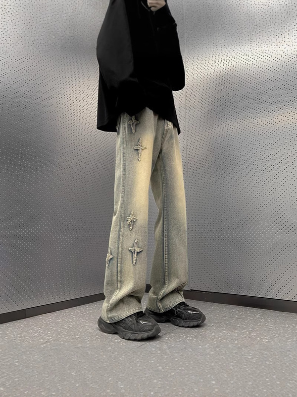 刺绣微喇牛仔裤男直筒宽松阔腿美式高街裤子潮牌痞帅水洗复古长裤|undefined