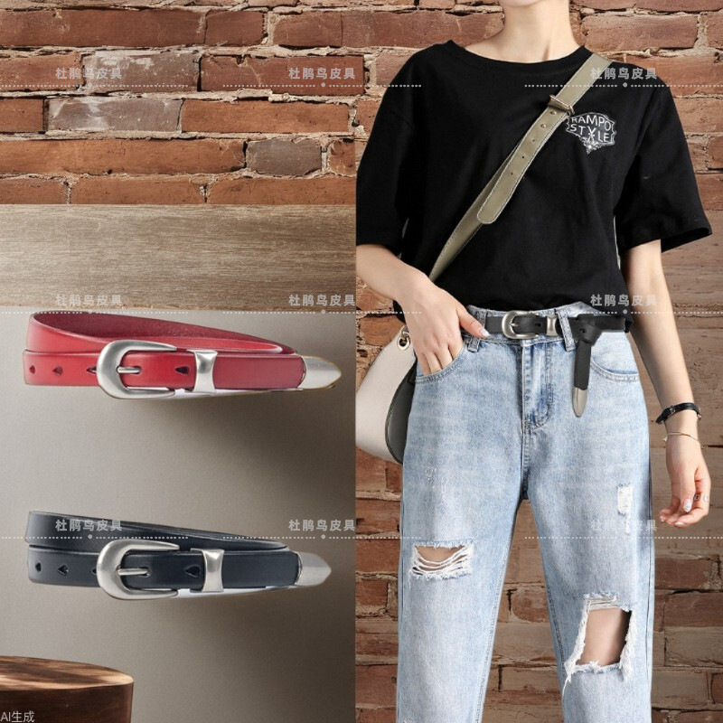 新款复古欧美休闲头层牛皮细腰带皮带女士合金针扣个性配牛仔裤带