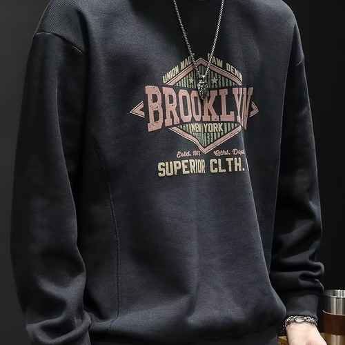 Autumn/Winter American Retro Fleece Hooded Sweatshirt for Men - Trendy Brand Loose Crew Neck Casual Design Letter Print Top