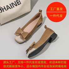 單鞋女2025年春秋時尚百搭粗跟方頭蝴蝶結休閑414243大碼女鞋低跟