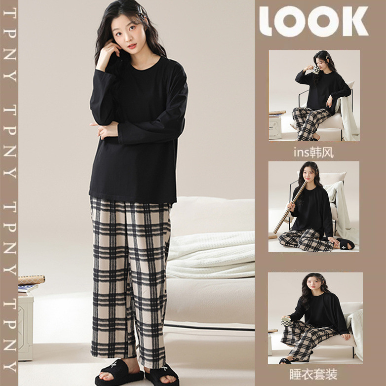 검은색 두꺼운 살구 체크 무늬 바지 더블 길이