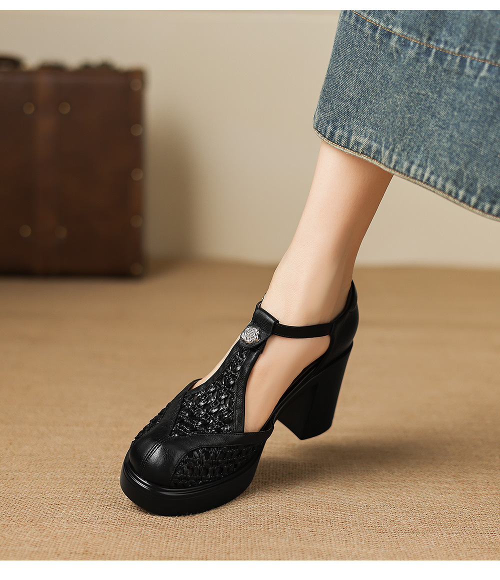 Sandal cao gót nữ mũi nhọn quai chữ T đế dày gót 8.5 cm phong cách vintage — đen chi tiết 16
