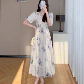碎花2026水墨画连衣裙女雪纺裙子领法式收腰气质显瘦短袖新款夏季