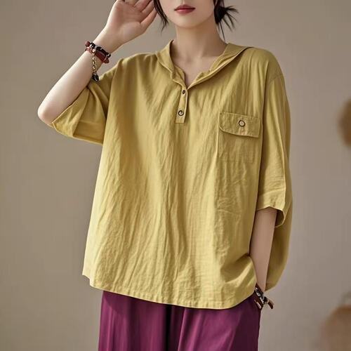Spring and summer new Chinese hooded top 2025 new T-shirt pure color casual style comfortable loose quarter sleeve women