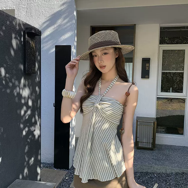 纯欲条纹挂脖系带吊带背心女夏外穿辣妹露背修身短款抹胸无袖上衣