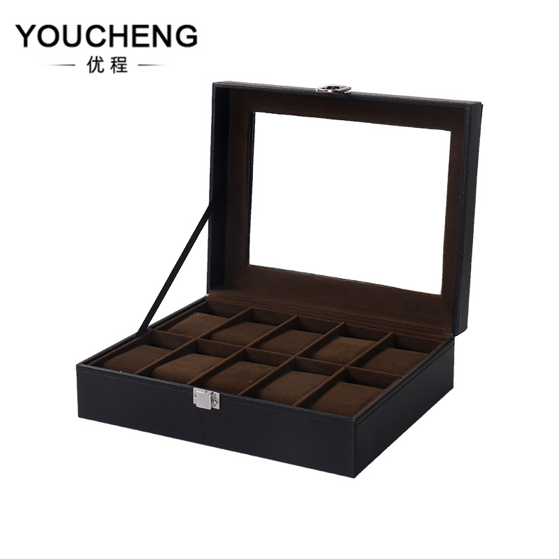 现货新款黑内棕10位手表盒pu手表收纳盒皮革手表包装盒珠宝收纳箱