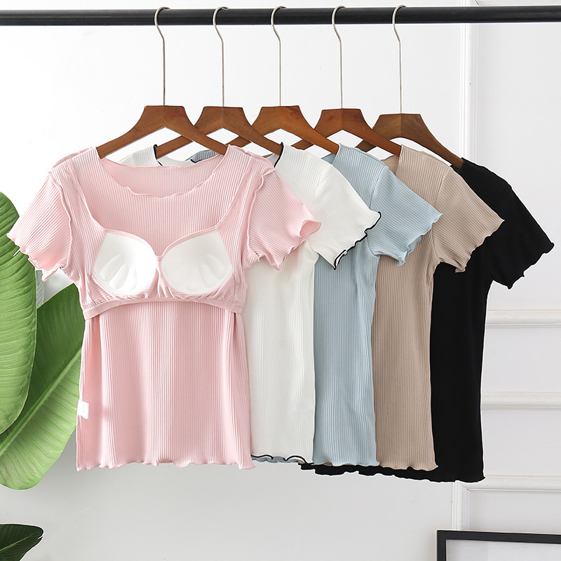 Women's Cotton Short-sleeved T-shirt with Chest Pad Half-sleeve Inner Base Shirt Bra Cup Integrated Yoga Home Clothes Pajamas Women's Cotton Short-sleeved T-shirt with Chest Pad Half-sleeve Inner Base Shirt Bra Cup Integrated Yoga Home Clothes Pajamas