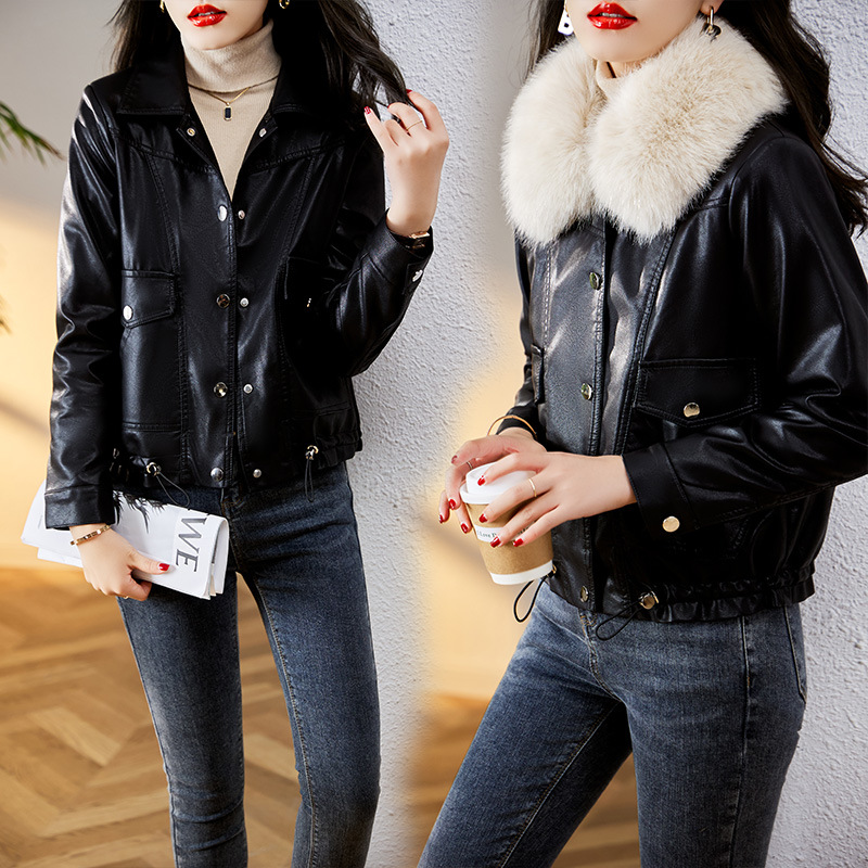 Counter Sheepskin Leather Jacket for Women, Short Style, 25 New Fashion, Detachable Fur Collar, Women's Fleece-Lined, Cotton-Padded, Slimming Biker Jacket