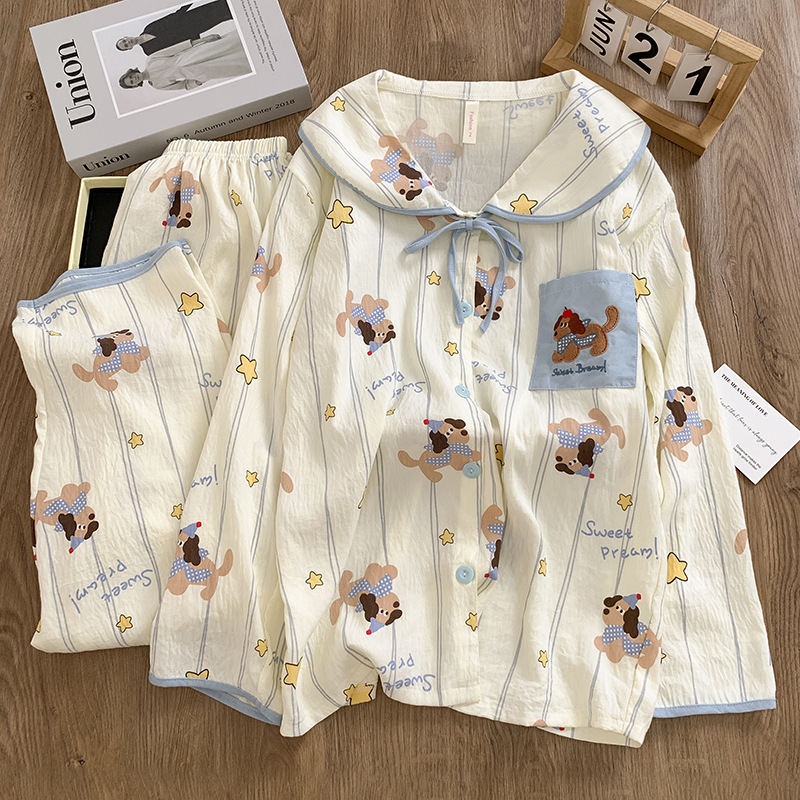 New Cloud Cotton Lapel Doll Collar Long-Sleeved Pajamas for Girls Spring and Autum Cute Cartoon Sweet Home Clothes Set