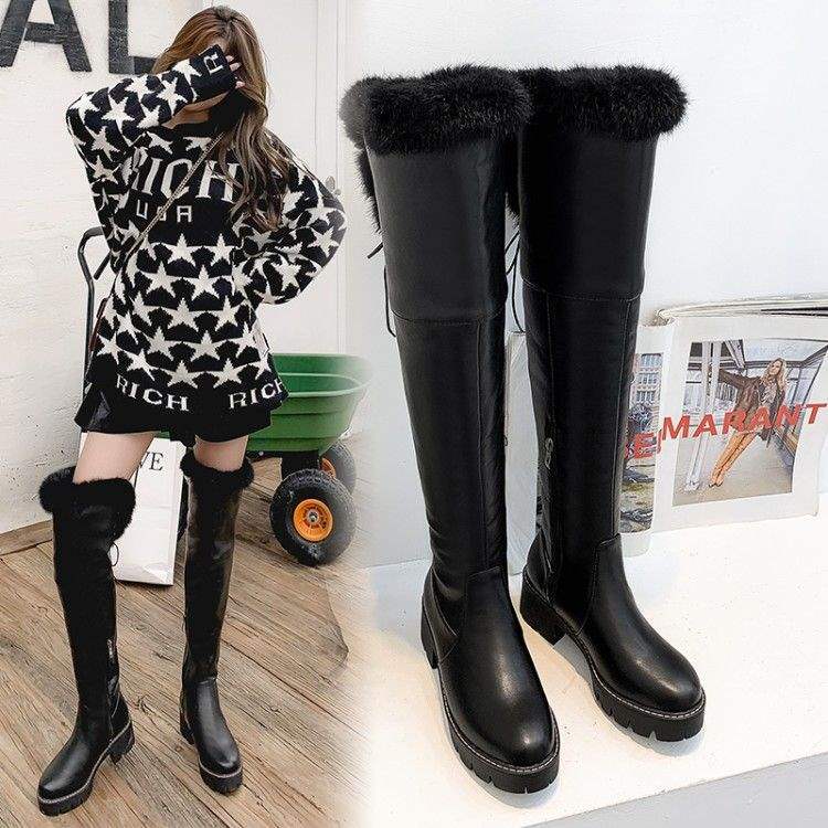 北方冬季保暖雪地靴护腿加厚毛过膝靴粗跟厚底防滑女靴子真兔毛43