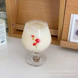 自制韩风ins同款咖啡店甜品店英文花朵图案矮高脚杯咖啡果汁ins风