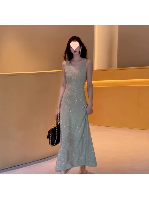 Elegant V-Neck Sleeveless Waist-Cinching Slim-Fit Sexy Celebrity Evening Gown with Sparkling Diamonds for Important Occasions, Luxurious Long Dress Elegant V-Neck Sleeveless Waist-Cinching Slim-Fit Sexy Celebrity Evening Gown with Sparkling Diamonds for Important Occasions, Luxurious Long Dress