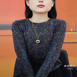 2025秋季印花圆领打底衫女秋季流行宽松长袖单穿洋气减龄妈妈上衣
