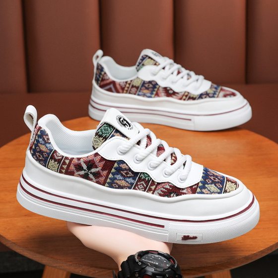 New Spring Men's Shoes Breathable Canvas Shoes Fashion Printed National Trendy Sneakers Trendy All-match Thick-soled Men's Casual Shoes