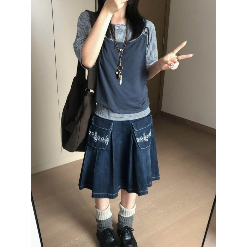 Retro Color-Block Striped Two-Piece Layered Short-Sleeve T-Shirt for Women, Summer Loose Casual Drop-Shoulder Round-Neck Top