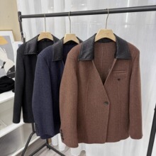 欧货复古风V领拼皮双面呢外套女2025秋冬新款小个子双面羊绒大衣