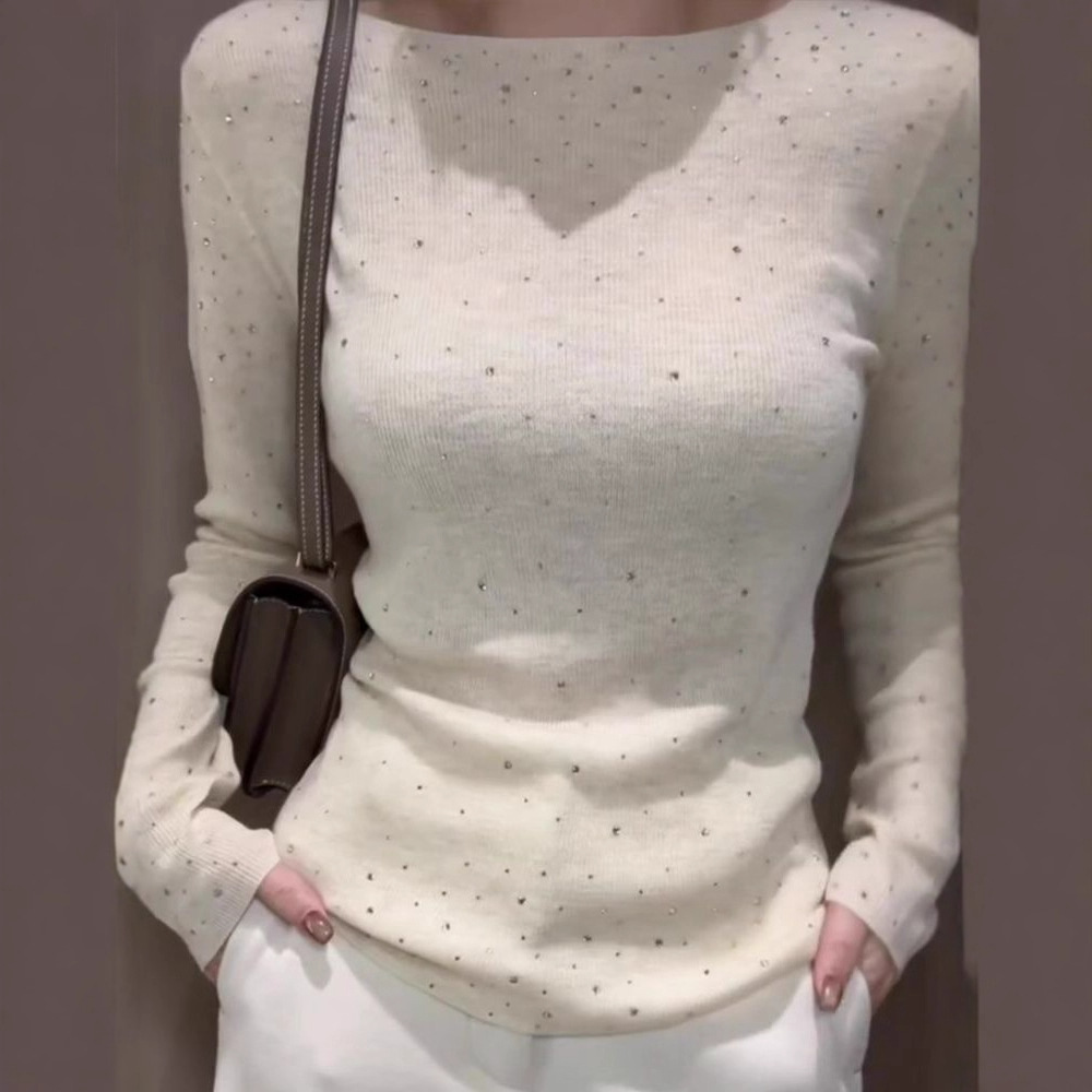 Early Autumn Heavy-Duty Rhinestone Knit Sweater for Women, Off-Shoulder Sweater, Lazy Style, Elegant, Slim Fit, Regular Shoulder, Long-Sleeve Top