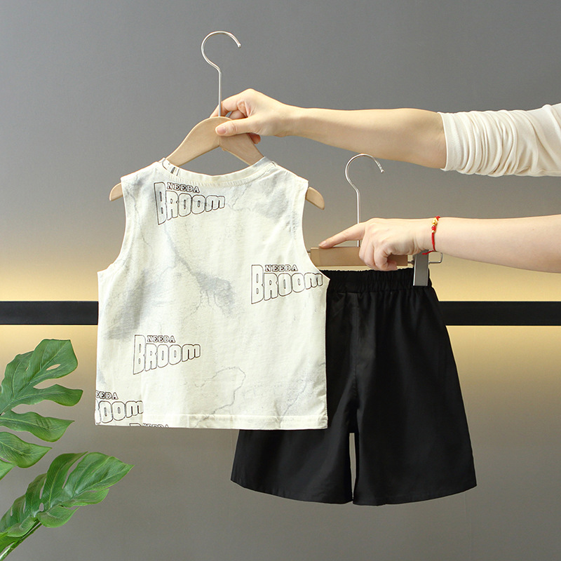 7910 traje de chaleco de verano para niños 2025 nueva ropa de bebé de dos piezas sin mangas delgadas de verano para niños de moda