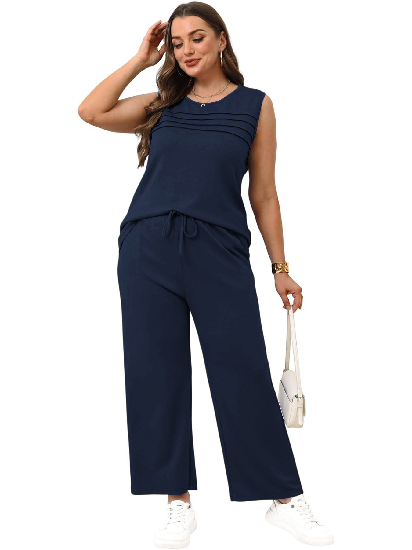 Sleeveless Hoodie & Pants Set For Women, Loose Fit Casual Jogger Outfit, Waffle Knit Cropped Top And Lounge Shorts Two Piece_ecoleips.com