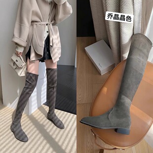 Spot Grape Mom Autumn and Winter New Velvet Tall Knight Boots Women's Thick Heel Sw Elastic Over-The-Knee Boots