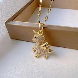 时尚可爱小巧独角兽项链女式金色吊坠新款镶钻动物锁骨链