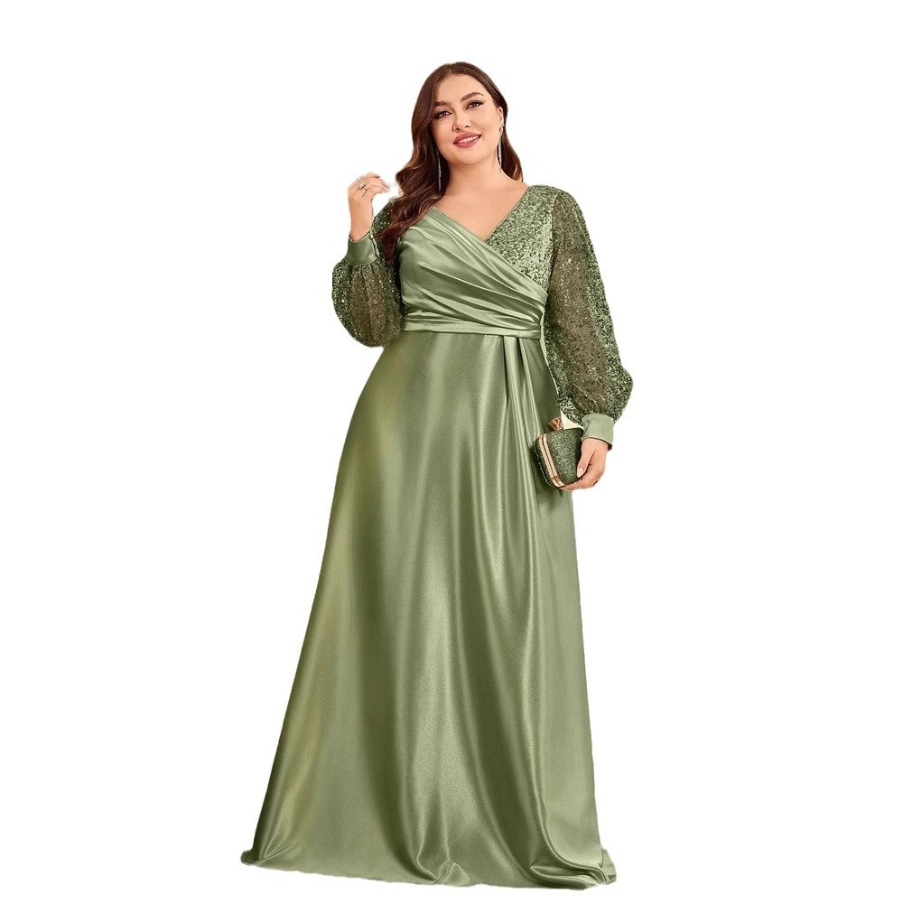 ChicShe Cross-Border Neues elegantes Plus-Size-Kleid aus Satin mit Pailletten, langen Ärmeln, V-Ausschnitt, schmal geschnitten, für Brautjungfern, Bankette und Abendveranstaltungen_voghion.com