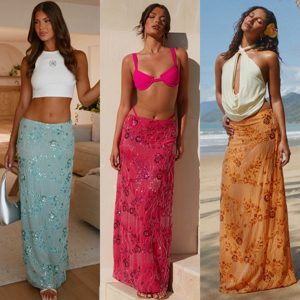 Amazon 25 Summer New Cross-border European and American Women's Sequin Embroidered Hip Skirt Sexy Long Skirt Women