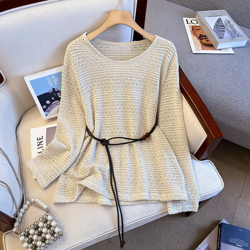 Hollow-Out Waist-Cinching Women's Knitwear 2026 Spring New Korean Style Lazy Style Blouse Long-Sleeved Top for Women A7175