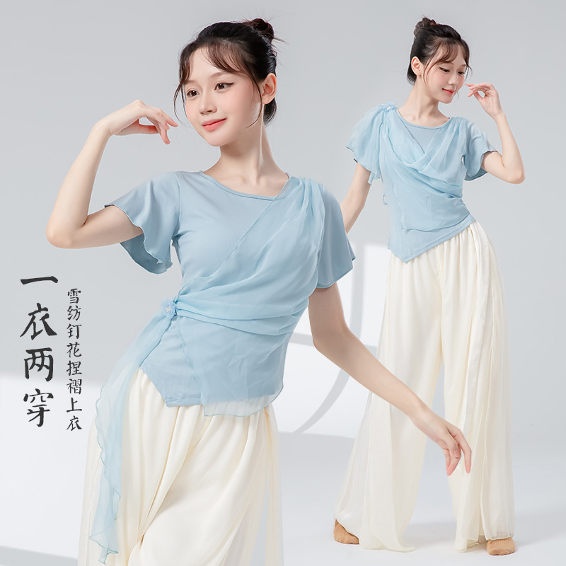 Classical Dance Gauze Clothing New Chiffon Embroidered Leotard Training Women's Modern Dance Clothing Women's Short-Sleeved Practice Top