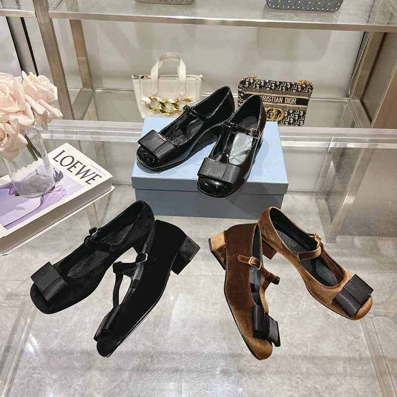 Dongguan Houjie 2025 New Round-Toe Bow Mary Jane Thick-Heeled Flats Women's Shoes Velvet Shallow Mouth Small Leather Shoes