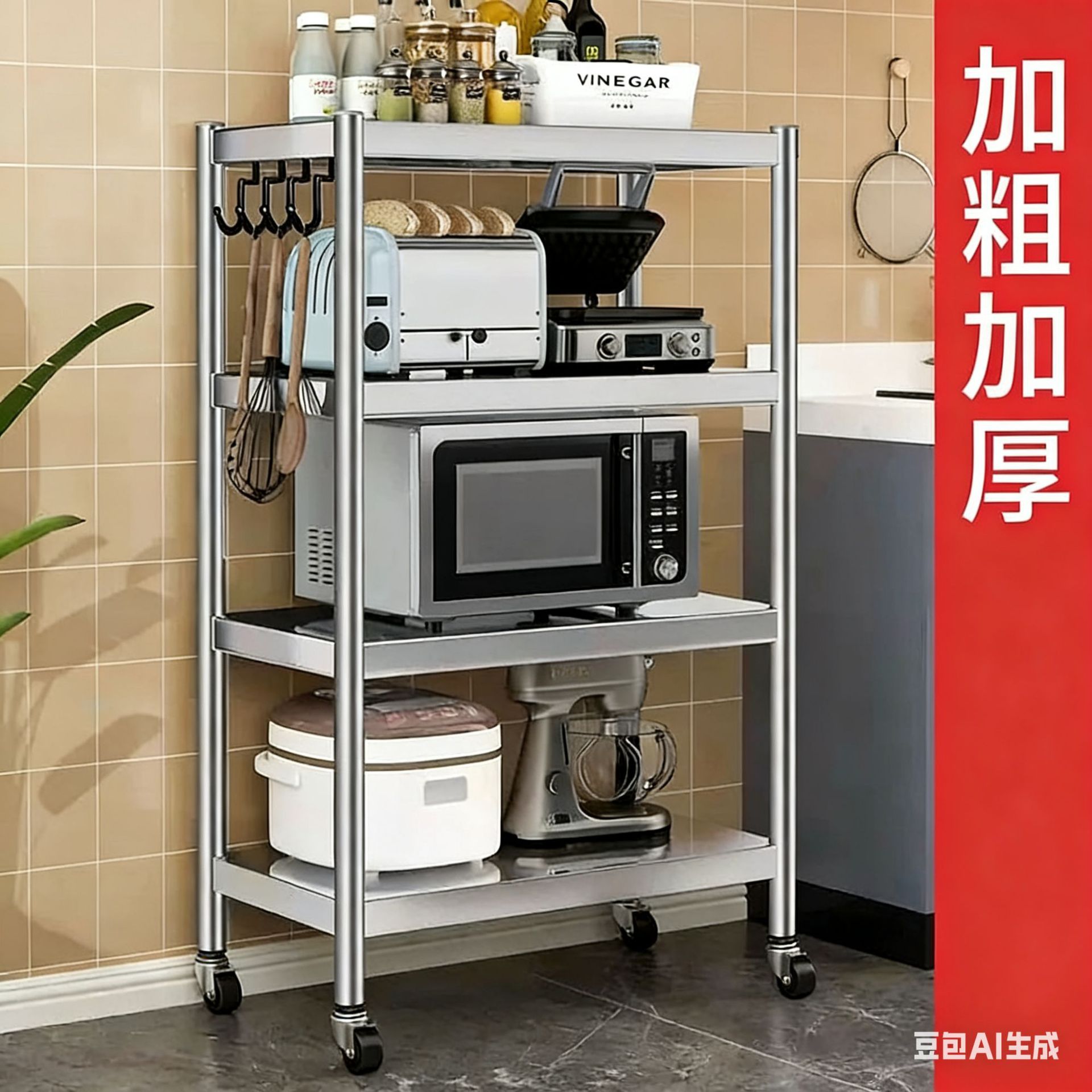 Thickened Stainless Steel Storage Rack with Wheels, Floor-Standing Microwave Oven Kitchen Rack, Movable, Modern and Simple