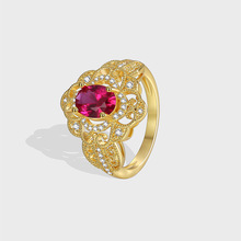 R0416 欧美时尚新款跨境专供高级感大气戒指女黄铜镀金红锆石指环