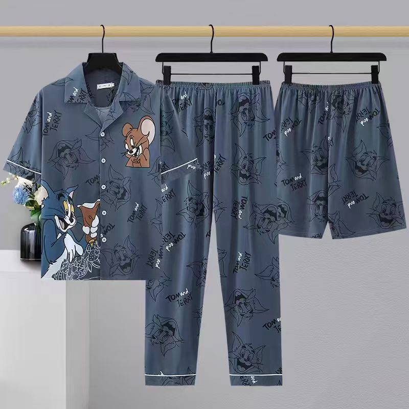 Men's Three-Piece Pajamas Plus Size Plus Size Summer Thin Suit Middle-Aged Short-Sleeved Trousers Casual Home Wear